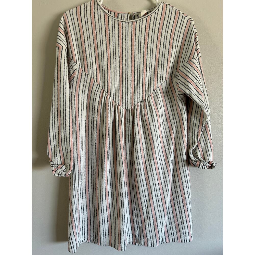 Zara Girls Striped Dress Size 13/14 Cream Terry Textured Cotton Short Sleeve
